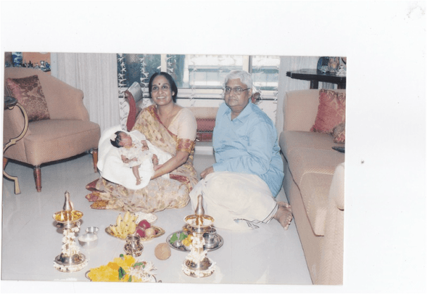 With husband Govindan at the birth of our first grandchild, Apsara.